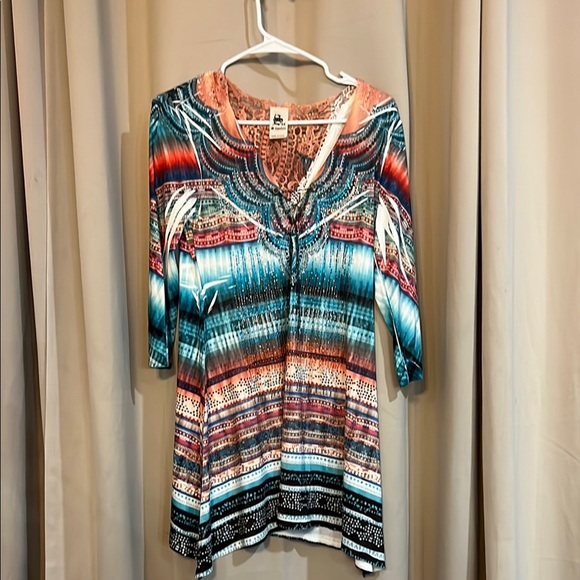 S-Twelve Tops - S-Twelve Blue and Orange Graphic Tunic with 3/4 Sleeves